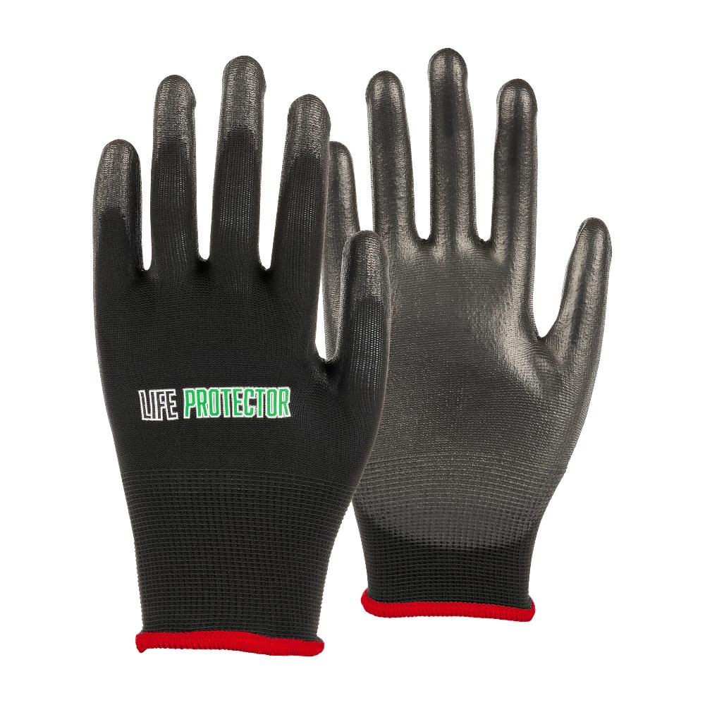 restaurantware Life Protector Black Nylon Small Work Gloves - with Polyurethane Palm Coating - Pair - 10 count box