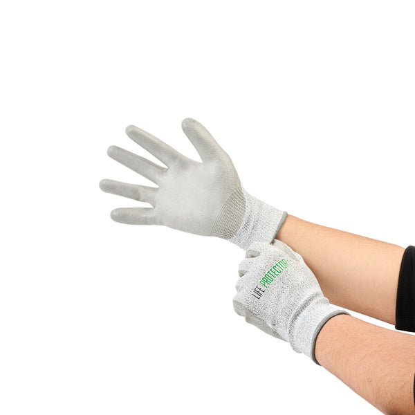 Restaurantware Life Protector Gray HPPE Polyester / Spandex Extra Large Work Gloves - With Polyurethane Palm Coating Cut-Resistant - Pair - 10 Count Box