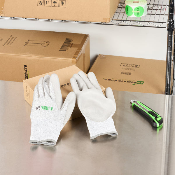 Restaurantware Life Protector Gray HPPE Polyester / Spandex Extra Large Work Gloves - With Polyurethane Palm Coating Cut-Resistant - Pair - 10 Count Box
