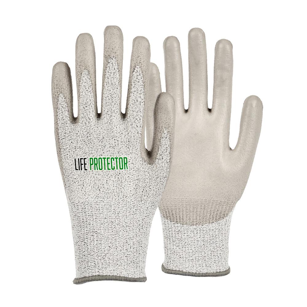 restaurantware Life Protector Gray HPPE Polyester / Spandex Extra Large Work Gloves - with Polyurethane Palm Coating Cut-Resistant - Pair - 10 count box