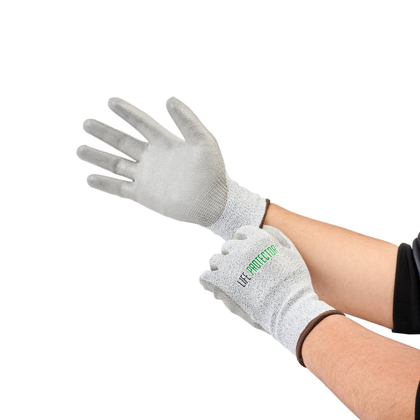 Restaurantware Life Protector Gray HPPE Polyester / Spandex Large Work Gloves - With Polyurethane Palm Coating Cut-Resistant - Pair - 10 Count Box