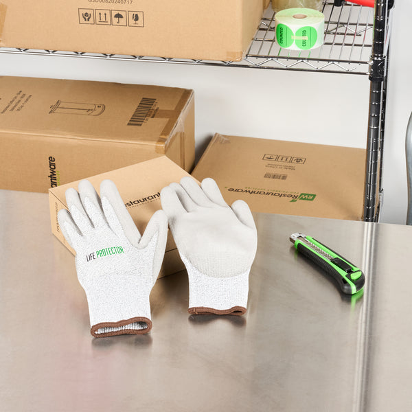 Restaurantware Life Protector Gray HPPE Polyester / Spandex Large Work Gloves - With Polyurethane Palm Coating Cut-Resistant - Pair - 10 Count Box