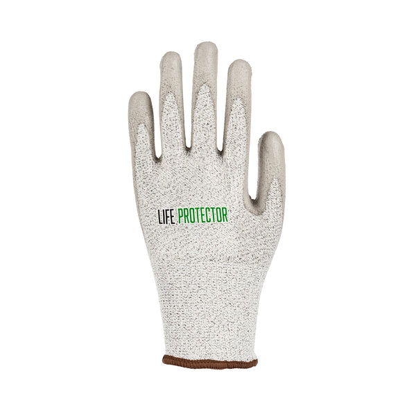 Restaurantware Life Protector Gray HPPE Polyester / Spandex Large Work Gloves - With Polyurethane Palm Coating Cut-Resistant - Pair - 10 Count Box