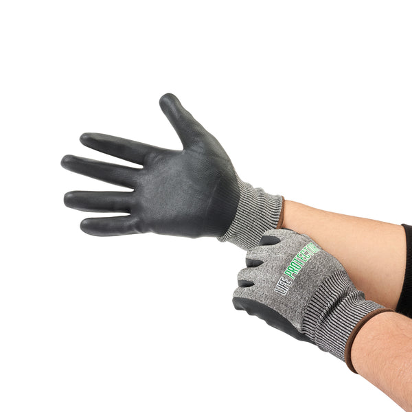 Restaurantware Life Protector Gray HPPE Polyester / Spandex Large Work Gloves - Ultra-Thin Foam Nitrile Palm Coating Cut-Resistant - Pair - 10 Count Box