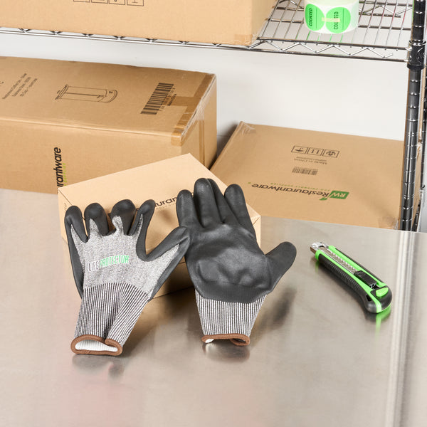 Restaurantware Life Protector Gray HPPE Polyester / Spandex Large Work Gloves - Ultra-Thin Foam Nitrile Palm Coating Cut-Resistant - Pair - 10 Count Box