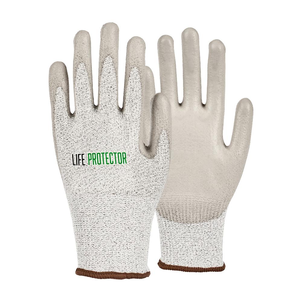 restaurantware Life Protector Gray HPPE Polyester / Spandex Large Work Gloves - with Polyurethane Palm Coating Cut-Resistant - Pair - 10 count box