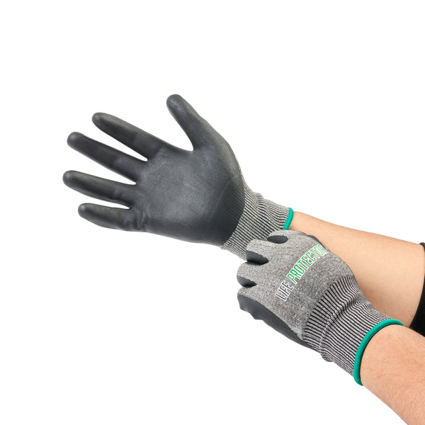 Restaurantware Life Protector Gray HPPE Polyester / Spandex Medium Work Gloves - Ultra-Thin Foam Nitrile Palm Coating Cut-Resistant - Pair - 10 Count Box