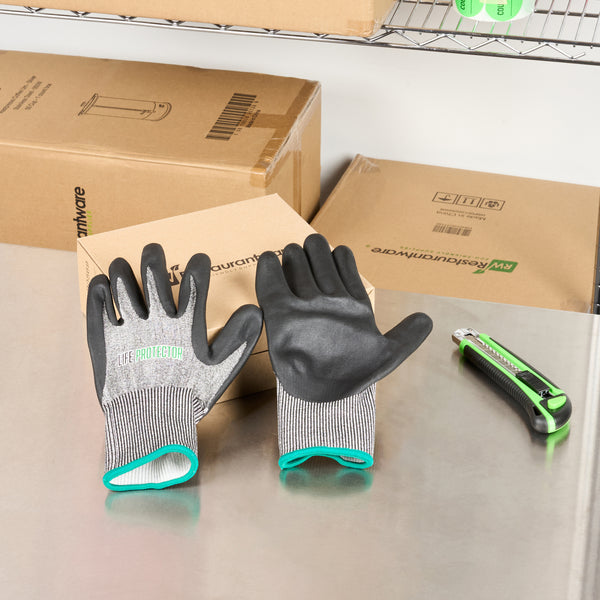 Restaurantware Life Protector Gray HPPE Polyester / Spandex Medium Work Gloves - Ultra-Thin Foam Nitrile Palm Coating Cut-Resistant - Pair - 10 Count Box