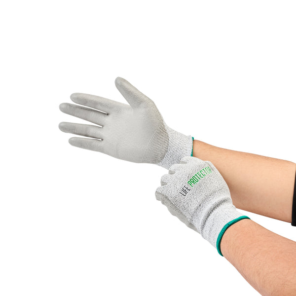 Restaurantware Life Protector Gray HPPE Polyester / Spandex Medium Work Gloves - With Polyurethane Palm Coating Cut-Resistant - Pair - 10 Count Box