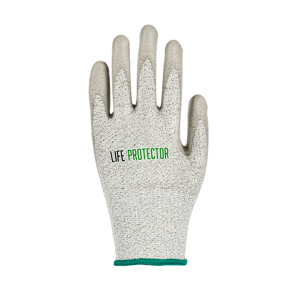 Restaurantware Life Protector Gray HPPE Polyester / Spandex Medium Work Gloves - With Polyurethane Palm Coating Cut-Resistant - Pair - 10 Count Box