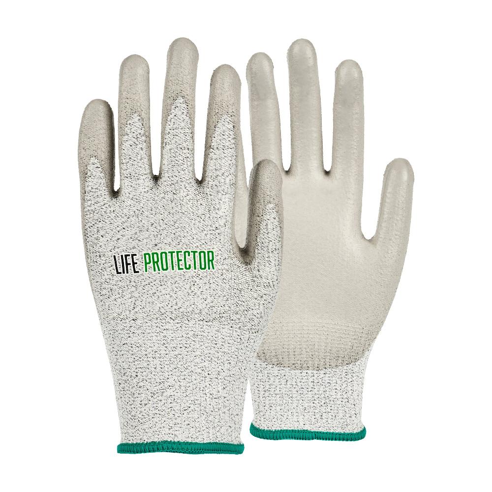 restaurantware Life Protector Gray HPPE Polyester / Spandex Medium Work Gloves - with Polyurethane Palm Coating Cut-Resistant - Pair - 10 count box