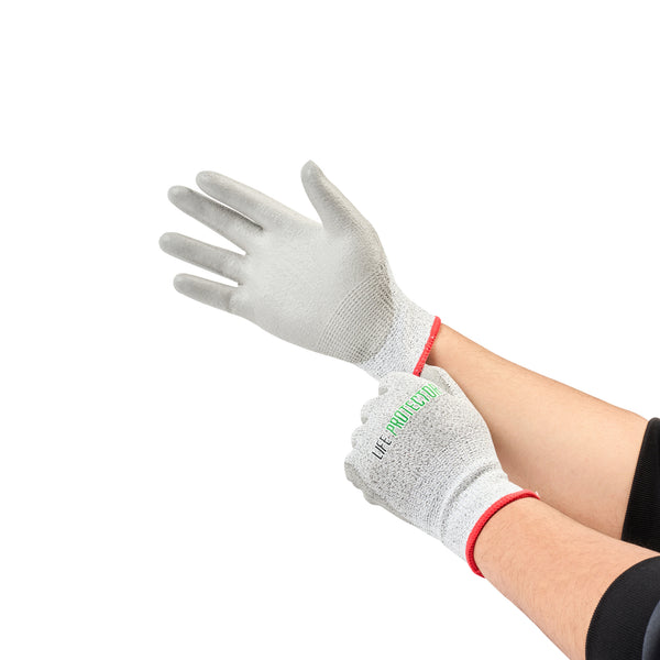 Restaurantware Life Protector Gray HPPE Polyester / Spandex Small Work Gloves - With Polyurethane Palm Coating Cut-Resistant - Pair - 10 Count Box