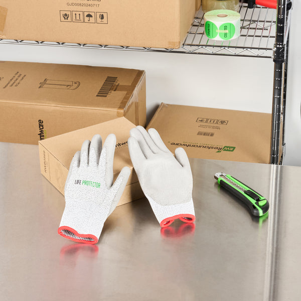 Restaurantware Life Protector Gray HPPE Polyester / Spandex Small Work Gloves - With Polyurethane Palm Coating Cut-Resistant - Pair - 10 Count Box