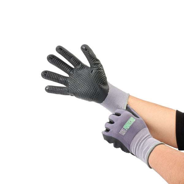 Restaurantware Life Protector Gray Nylon / Spandex Extra Large Work Gloves - With Ultra-Thin Foam Nitrile Palm Coating And Dots - Pair - 10 Count Box
