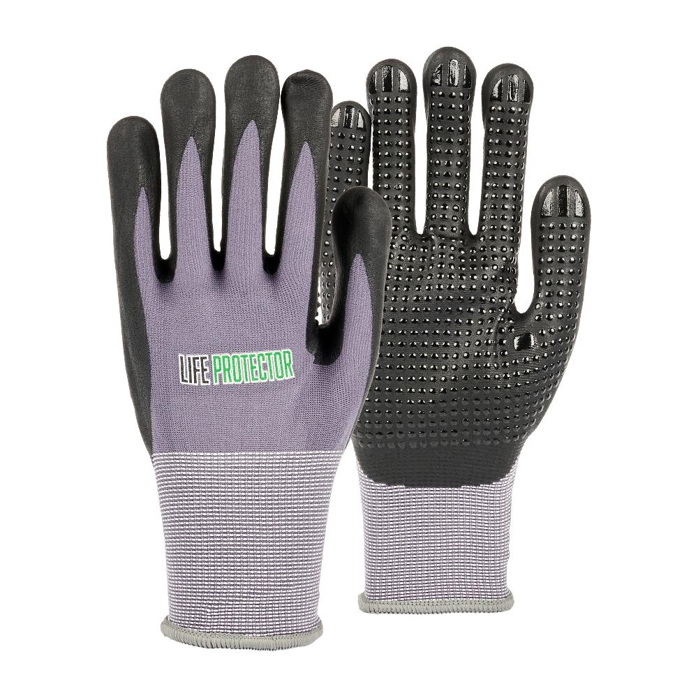 restaurantware Life Protector Gray Nylon / Spandex Extra Large Work Gloves - with Ultra-Thin Foam Nitrile Palm Coating and Dots - Pair - 10 count box