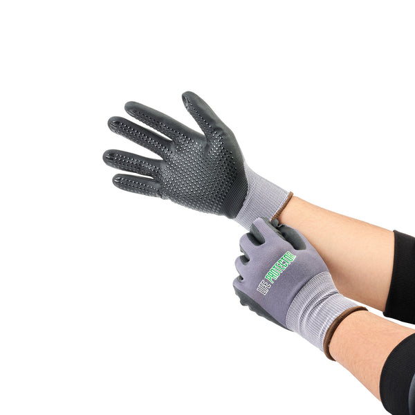 Restaurantware Life Protector Gray Nylon / Spandex Large Work Gloves - With Ultra-Thin Foam Nitrile Palm Coating And Dots - Pair - 10 Count Box