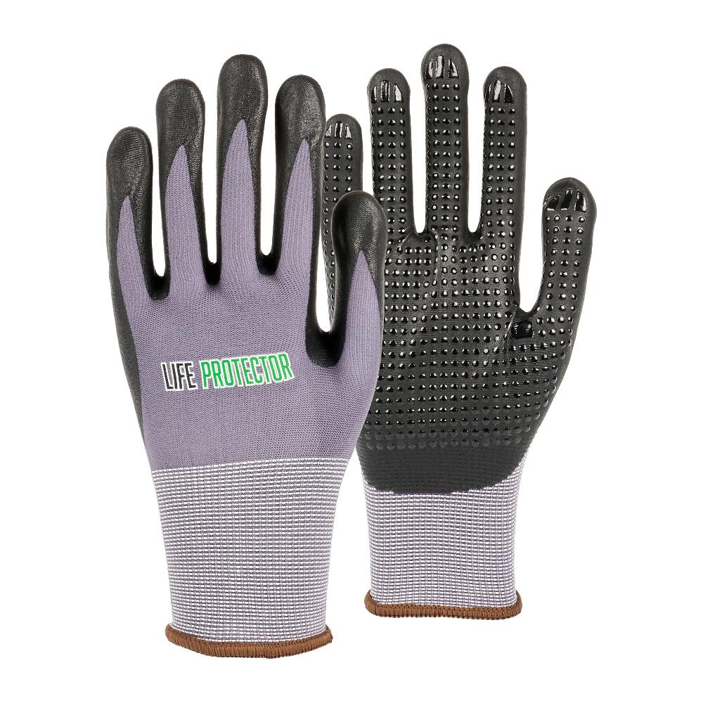 restaurantware Life Protector Gray Nylon / Spandex Large Work Gloves - with Ultra-Thin Foam Nitrile Palm Coating and Dots - Pair - 10 count box