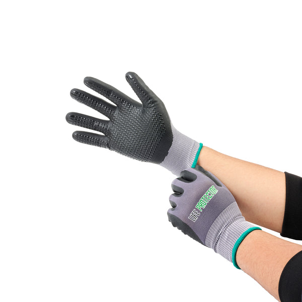 Restaurantware Life Protector Gray Nylon / Spandex Medium Work Gloves - With Ultra-Thin Foam Nitrile Palm Coating And Dots - Pair - 10 Count Box