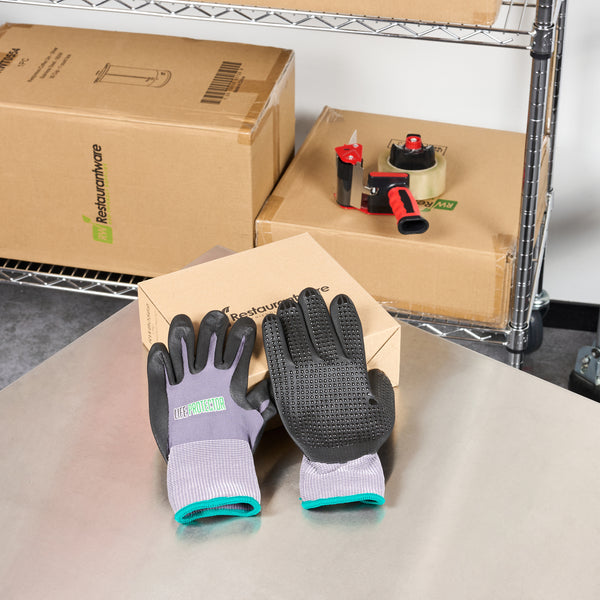 Restaurantware Life Protector Gray Nylon / Spandex Medium Work Gloves - With Ultra-Thin Foam Nitrile Palm Coating And Dots - Pair - 10 Count Box