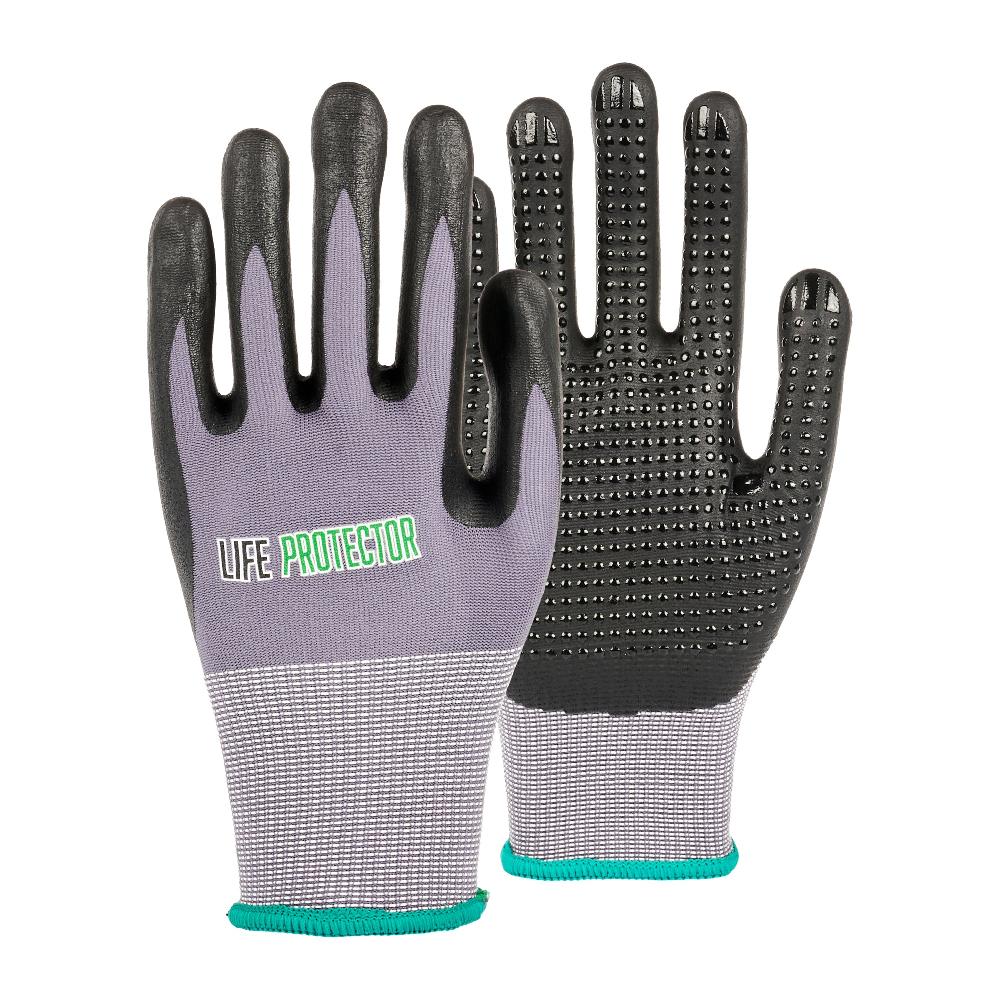 restaurantware Life Protector Gray Nylon / Spandex Medium Work Gloves - with Ultra-Thin Foam Nitrile Palm Coating and Dots - Pair - 10 count box