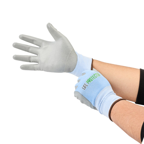Restaurantware Life Protector Light Blue Diamond Blend Large Work Gloves - With Foam Polyurethane Palm Coating Cut-Resistant - Pair - 10 Count Box