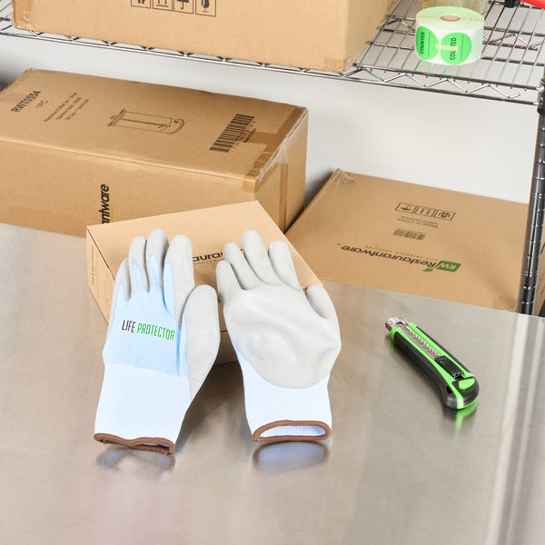 Restaurantware Life Protector Light Blue Diamond Blend Large Work Gloves - With Foam Polyurethane Palm Coating Cut-Resistant - Pair - 10 Count Box
