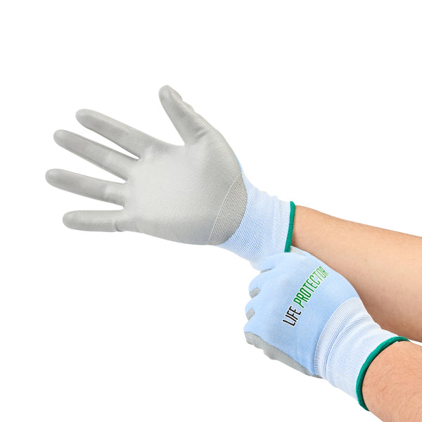 Restaurantware Life Protector Light Blue Diamond Blend Medium Work Gloves - With Foam Polyurethane Palm Coating Cut-Resistant - Pair - 10 Count Box