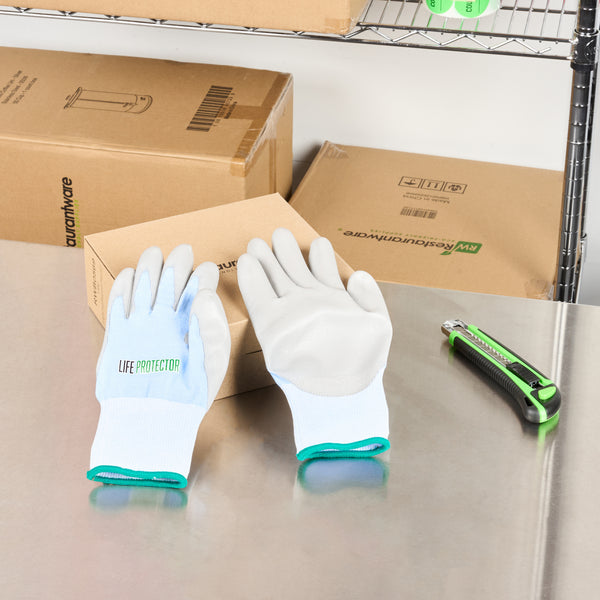 Restaurantware Life Protector Light Blue Diamond Blend Medium Work Gloves - With Foam Polyurethane Palm Coating Cut-Resistant - Pair - 10 Count Box