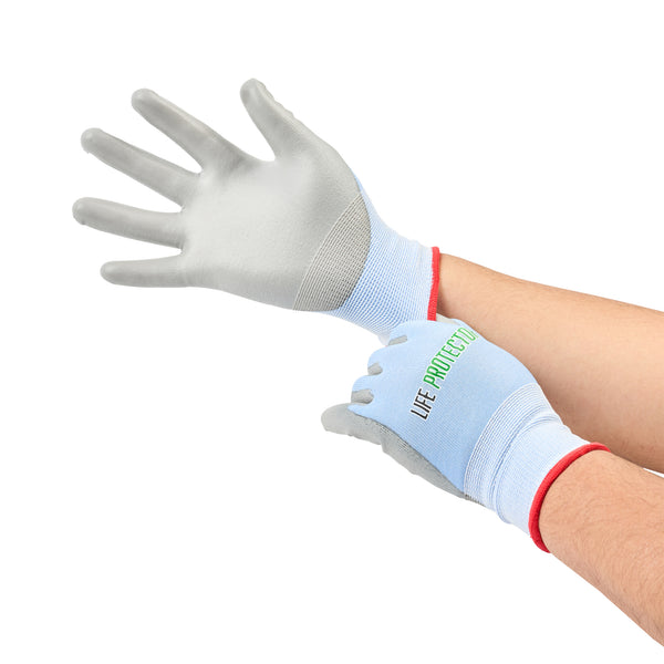 Restaurantware Life Protector Light Blue Diamond Blend Small Work Gloves - With Foam Polyurethane Palm Coating Cut-Resistant - Pair - 10 Count Box
