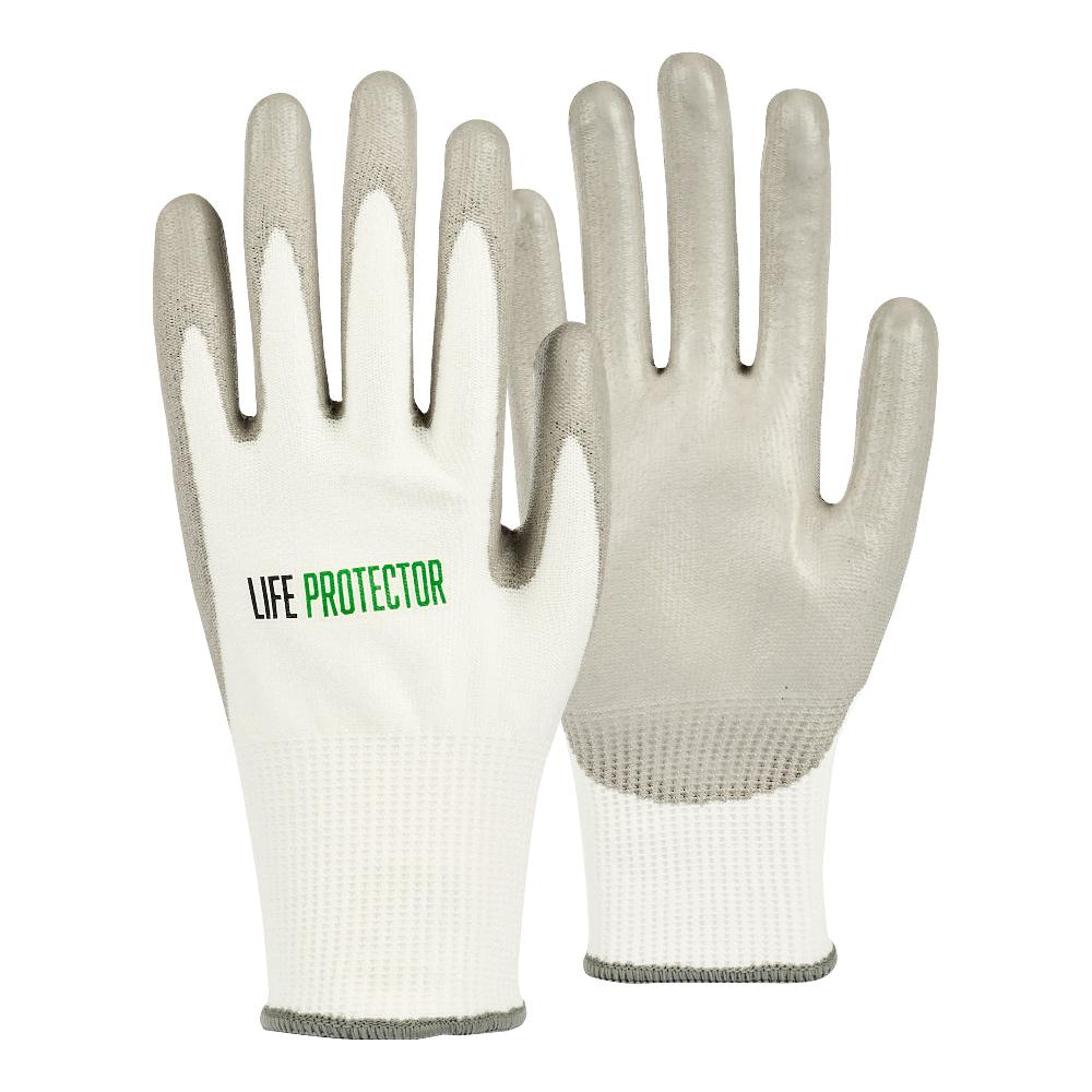 restaurantware Life Protector White HPPE Polyester / Spandex Extra Large Work Gloves - with Polyurethane Palm Coating Cut-Resistant - Pair - 10 count box