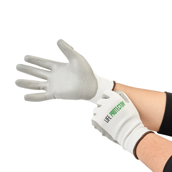 Restaurantware Life Protector White HPPE Polyester / Spandex Large Work Gloves - With Polyurethane Palm Coating Cut-Resistant - Pair - 10 Count Box