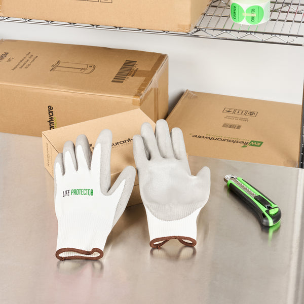 Restaurantware Life Protector White HPPE Polyester / Spandex Large Work Gloves - With Polyurethane Palm Coating Cut-Resistant - Pair - 10 Count Box