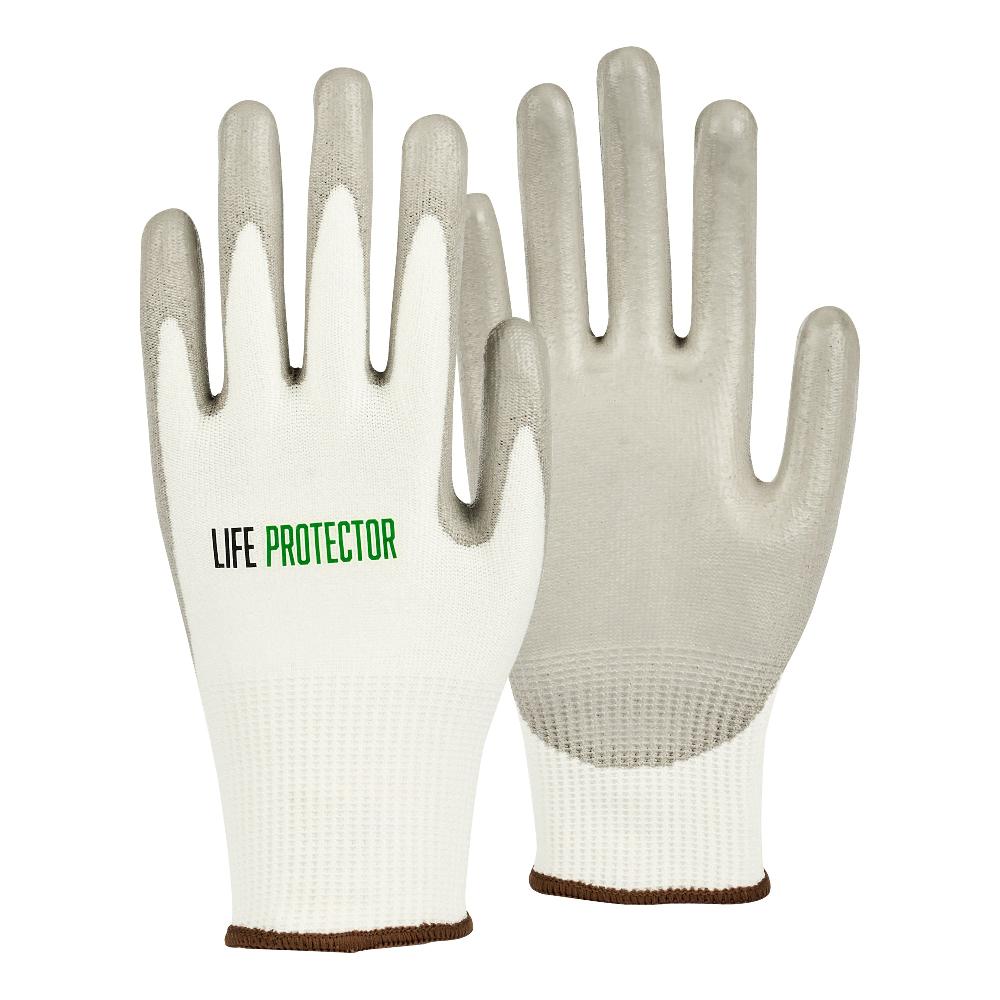 restaurantware Life Protector White HPPE Polyester / Spandex Large Work Gloves - with Polyurethane Palm Coating Cut-Resistant - Pair - 10 count box