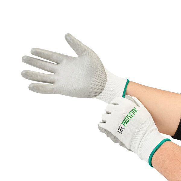 Restaurantware Life Protector White HPPE Polyester / Spandex Medium Work Gloves - With Polyurethane Palm Coating Cut-Resistant - Pair - 10 Count Box