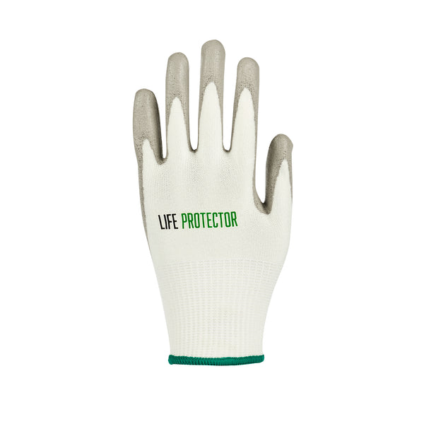 Restaurantware Life Protector White HPPE Polyester / Spandex Medium Work Gloves - With Polyurethane Palm Coating Cut-Resistant - Pair - 10 Count Box