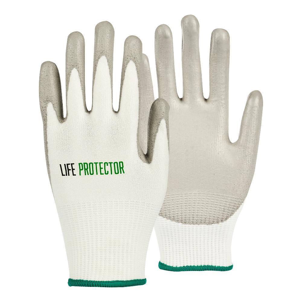 restaurantware Life Protector White HPPE Polyester / Spandex Medium Work Gloves - with Polyurethane Palm Coating Cut-Resistant - Pair - 10 count box