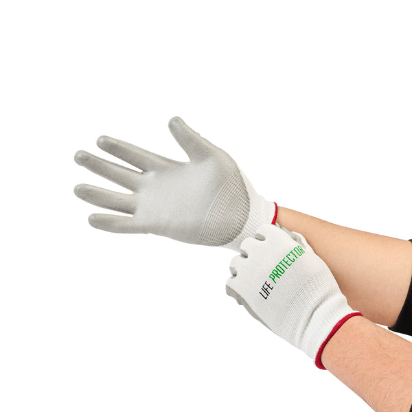 Restaurantware Life Protector White HPPE Polyester / Spandex Small Work Gloves - With Polyurethane Palm Coating Cut-Resistant - Pair - 10 Count Box