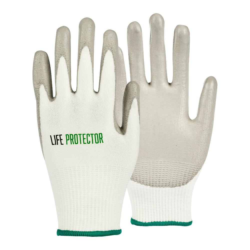 restaurantware Life Protector White HPPE Polyester / Spandex Small Work Gloves - with Polyurethane Palm Coating Cut-Resistant - Pair - 10 count box