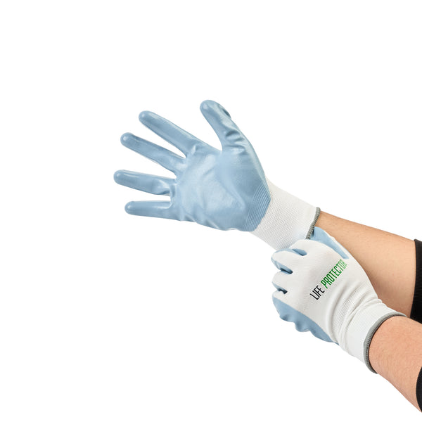 Restaurantware Life Protector White Nylon Extra Large Work Gloves - With Flat Nitrile Palm Coating - Pair - 10 Count Box