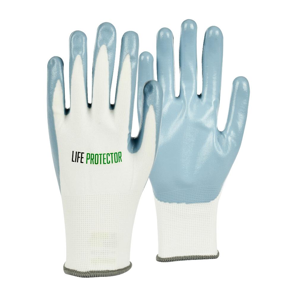 restaurantware Life Protector White Nylon Extra Large Work Gloves - with Flat Nitrile Palm Coating - Pair - 10 count box