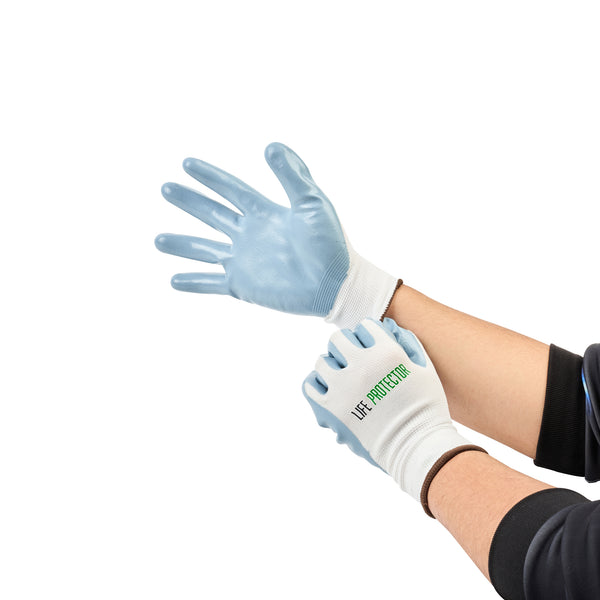 Restaurantware Life Protector White Nylon Large Work Gloves - With Flat Nitrile Palm Coating - Pair - 10 Count Box