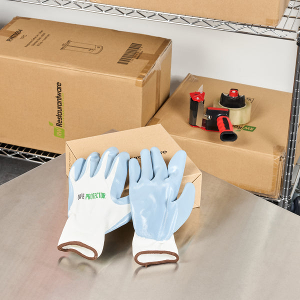 Restaurantware Life Protector White Nylon Large Work Gloves - With Flat Nitrile Palm Coating - Pair - 10 Count Box