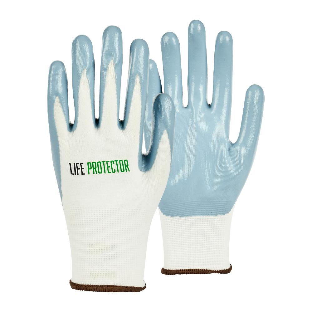 restaurantware Life Protector White Nylon Large Work Gloves - with Flat Nitrile Palm Coating - Pair - 10 count box