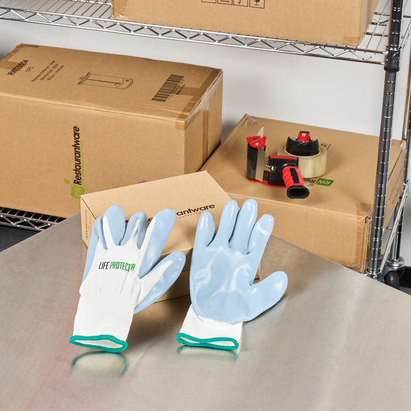 Restaurantware Life Protector White Nylon Medium Work Gloves - With Flat Nitrile Palm Coating - Pair - 10 Count Box
