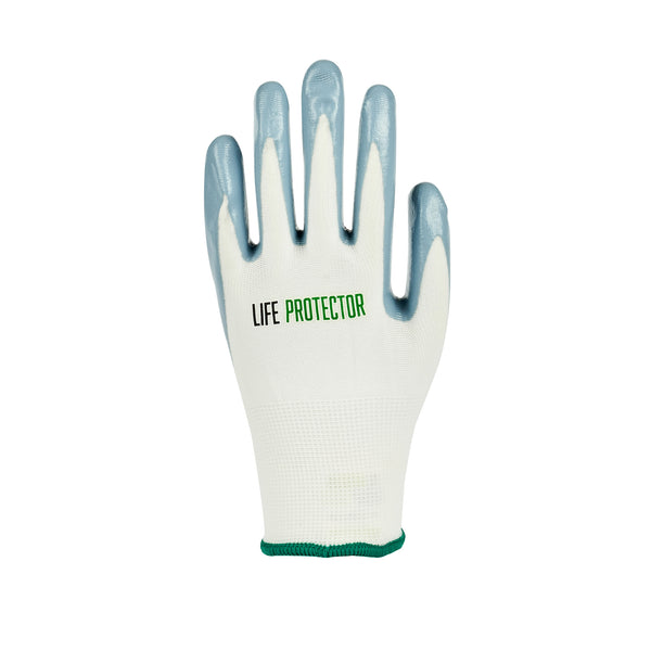 Restaurantware Life Protector White Nylon Medium Work Gloves - With Flat Nitrile Palm Coating - Pair - 10 Count Box