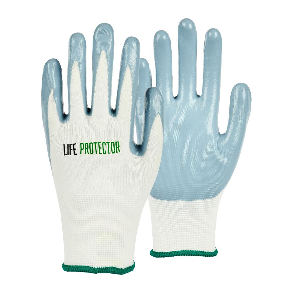 restaurantware Life Protector White Nylon Medium Work Gloves - with Flat Nitrile Palm Coating - Pair - 10 count box