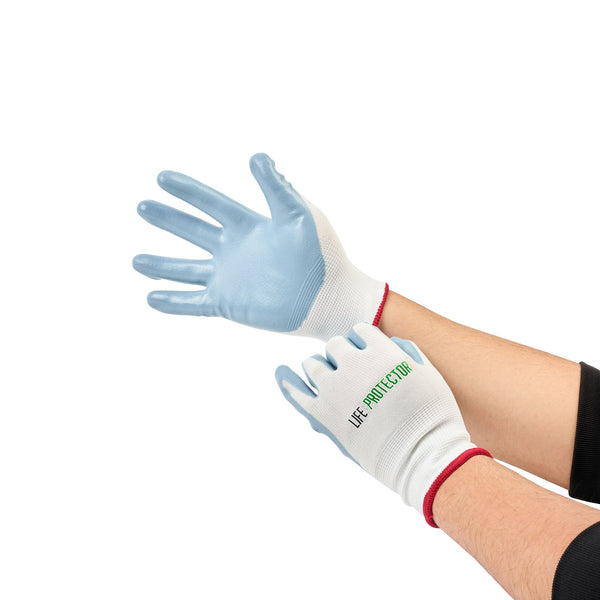 Restaurantware Life Protector White Nylon Small Work Gloves - With Flat Nitrile Palm Coating - Pair - 10 Count Box
