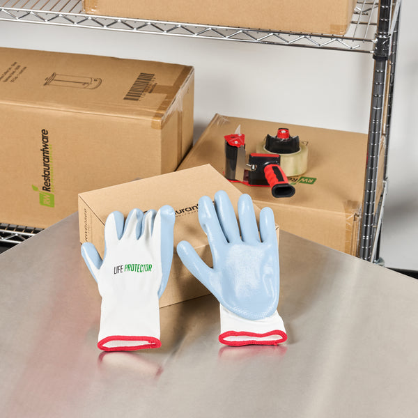 Restaurantware Life Protector White Nylon Small Work Gloves - With Flat Nitrile Palm Coating - Pair - 10 Count Box