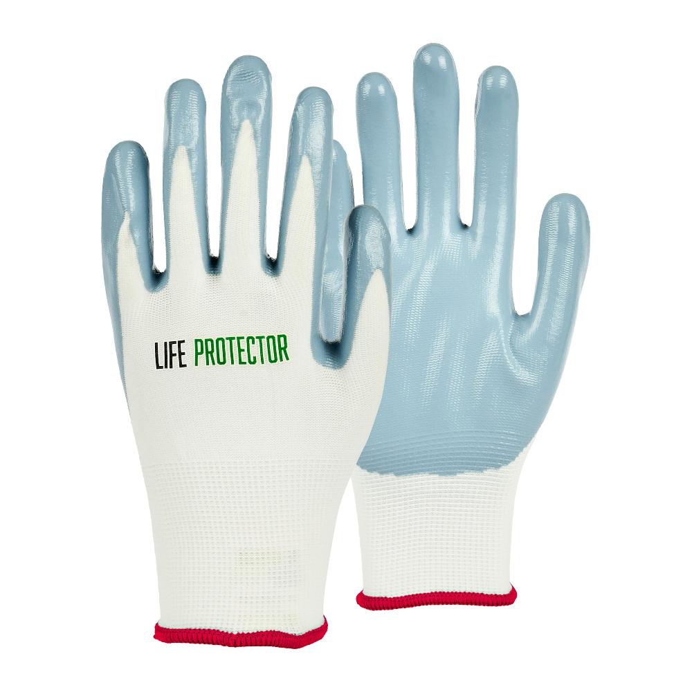 restaurantware Life Protector White Nylon Small Work Gloves - with Flat Nitrile Palm Coating - Pair - 10 count box