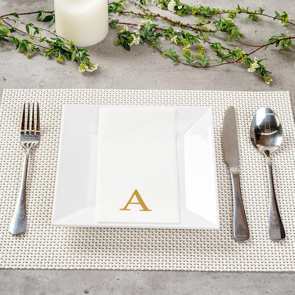 Restaurantware Luxenap Rectangle Gold Letter A White Paper Linen-Feel Guest Towel / Napkin - Air Laid Sans Serif Font - 15 3/4" X 8" - 2000 Count Box